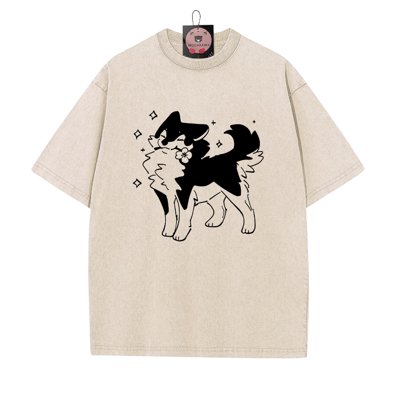Verspieltes Welpe mit Blumengrafik Unisex Vintage Washed T-Shirt - Aprikose - 5XL - image 1