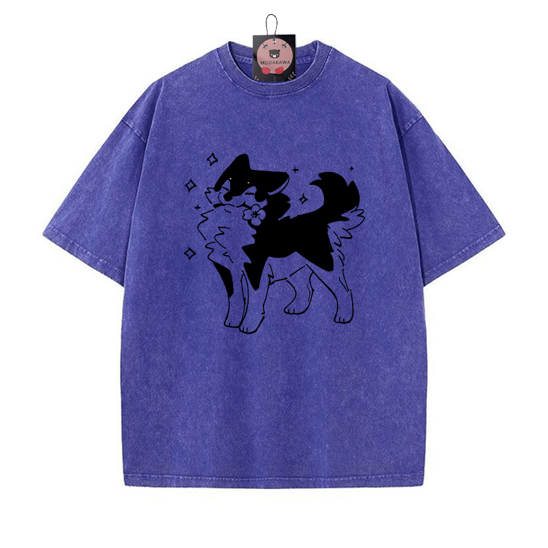 Verspieltes Welpe mit Blumengrafik Unisex Vintage Washed T-Shirt - Blau - 5XL - image 2