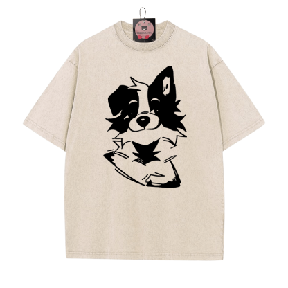 Flauschiges Welpe-Grafik-Unisex-Vintage-Washed-T-Shirt - Aprikose - 5XL - image 2