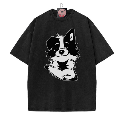 Flauschiges Welpe-Grafik-Unisex-Vintage-Washed-T-Shirt - Schwarz - 5XL - image 1