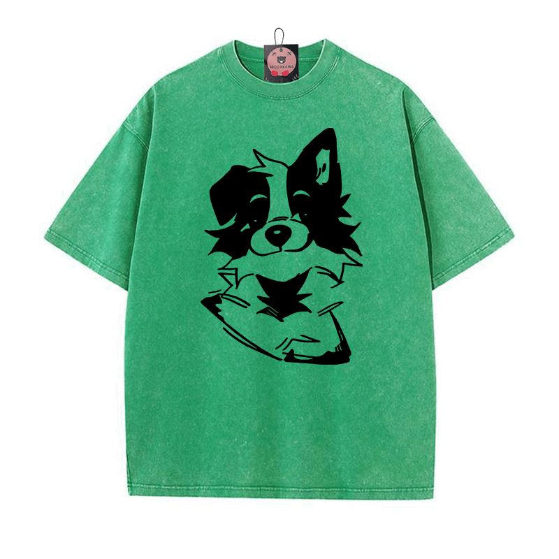 Flauschiges Welpe-Grafik-Unisex-Vintage-Washed-T-Shirt - Grün - 5XL - image 3