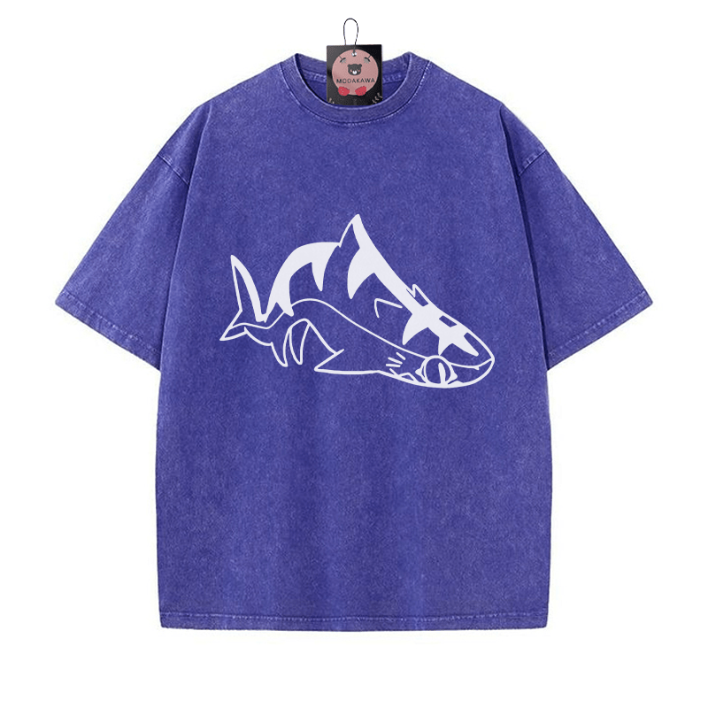 Chill Shark Grafik Unisex Vintage Washed T-Shirt - Blau - 5XL - image 2