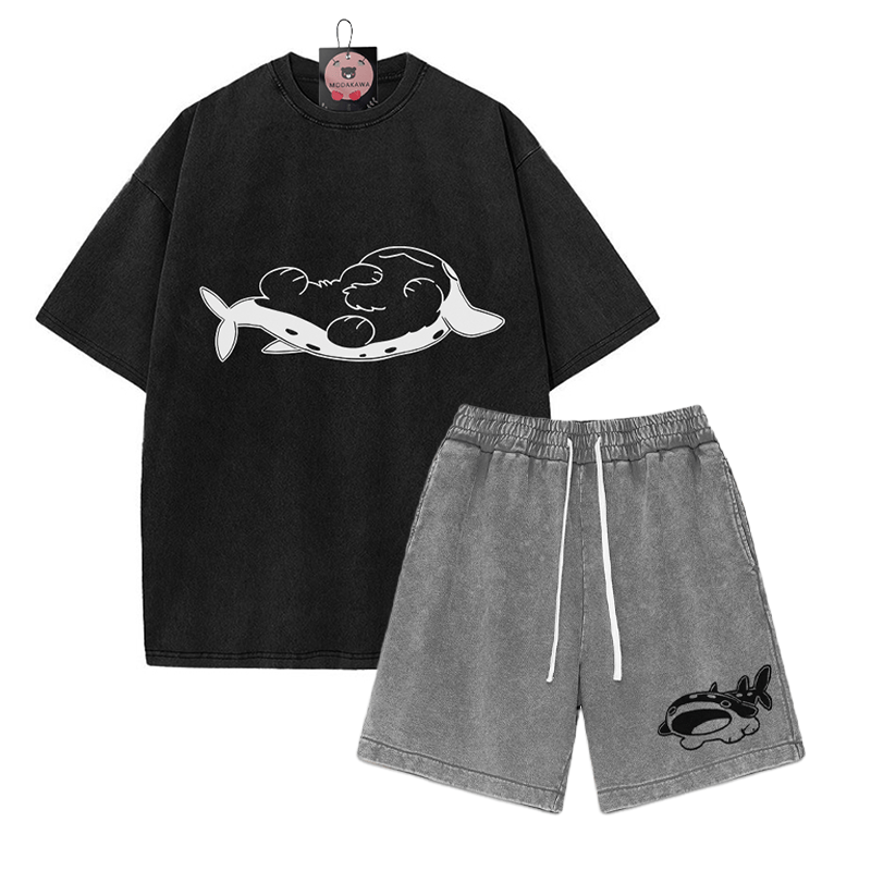 Verspieltes T-Shirt mit Pupfish-Grafik und verwaschenen Shorts im Vintage-Stil, zweiteiliges Set - Black&Grey - 3XL - image 3