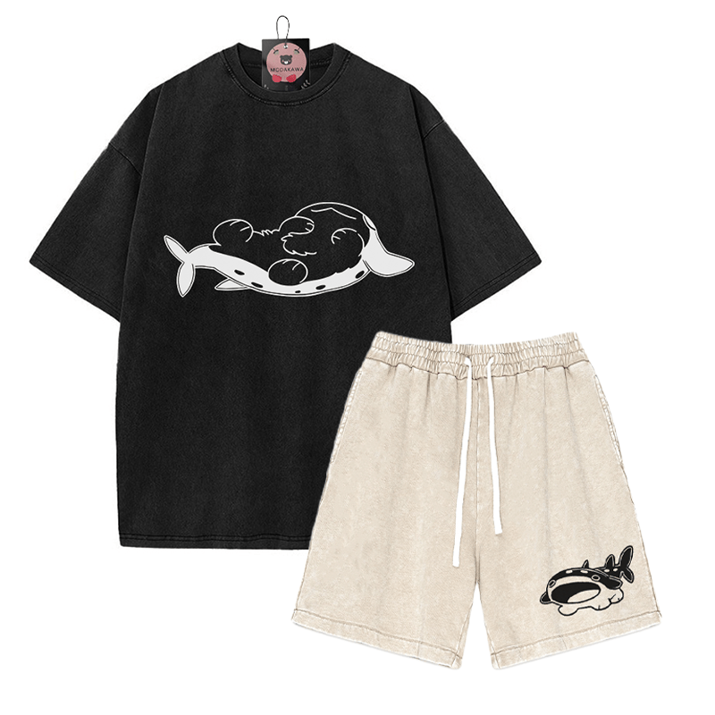 Verspieltes T-Shirt mit Pupfish-Grafik und verwaschenen Shorts im Vintage-Stil, zweiteiliges Set - Black&Apricot - 3XL - image 2