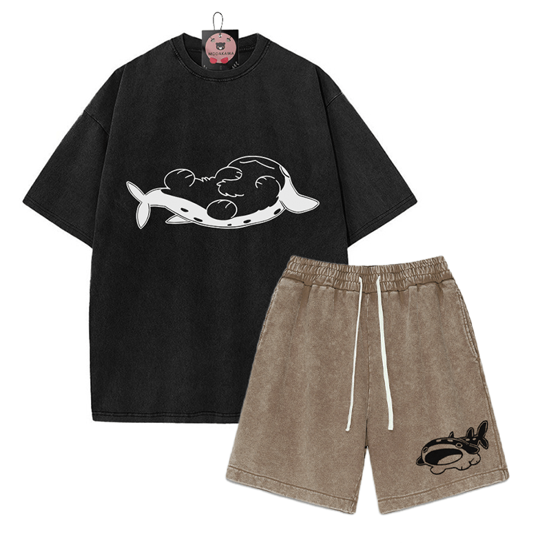 Verspieltes T-Shirt mit Pupfish-Grafik und verwaschenen Shorts im Vintage-Stil, zweiteiliges Set - Black&Brown - 3XL - image 1