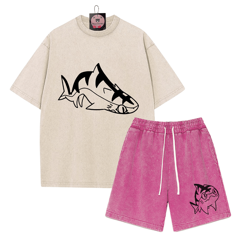 T-Shirt mit Goofy-Pupfish-Grafik und verwaschenen Vintage-Shorts, zweiteiliges Set - Apricot&Rose Red - 3XL - image 2