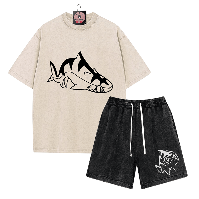 T-Shirt mit Goofy-Pupfish-Grafik und verwaschenen Vintage-Shorts, zweiteiliges Set - Apricot&Black - 3XL - image 1