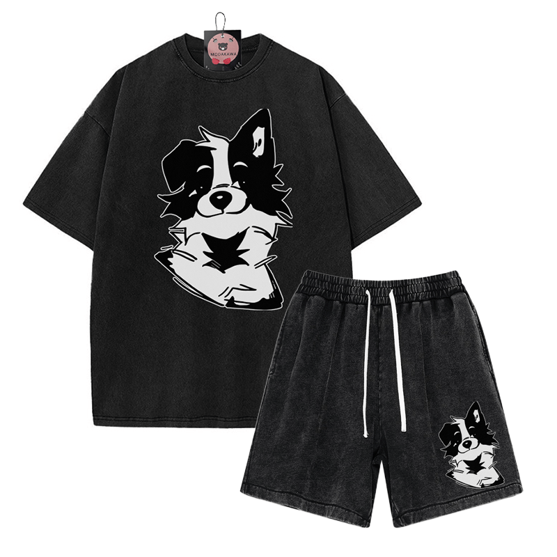 Zweiteiliges Set mit T-Shirt mit flauschiger Welpengrafik und verwaschenen Vintage-Shorts - Black - 3XL - image 7