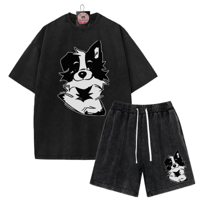 Zweiteiliges Set mit T-Shirt mit flauschiger Welpengrafik und verwaschenen Vintage-Shorts - Black - 3XL - image 7