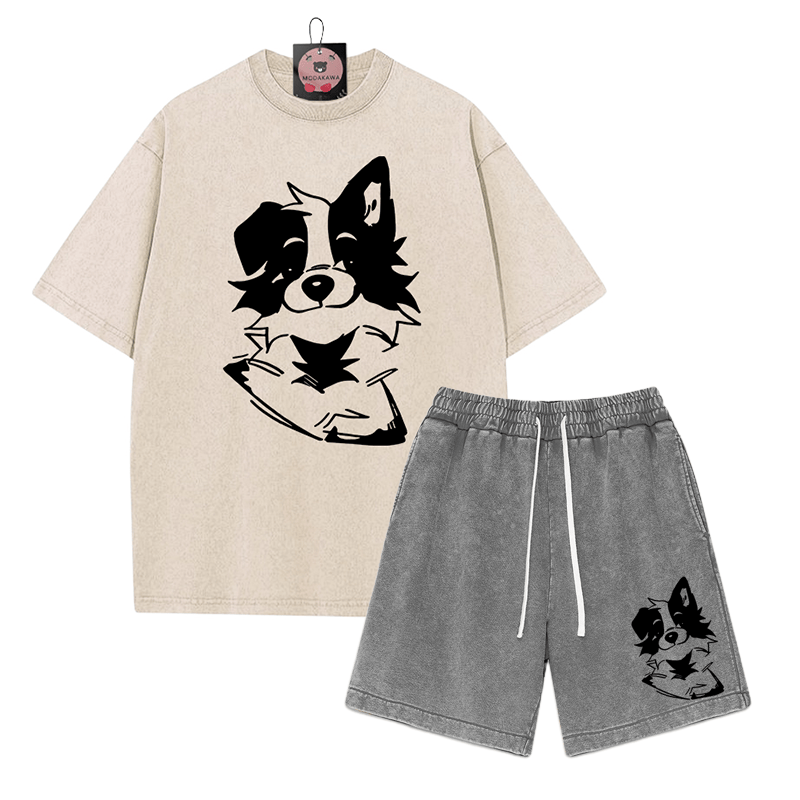 Zweiteiliges Set mit T-Shirt mit flauschiger Welpengrafik und verwaschenen Vintage-Shorts - Apricot&Grey - 3XL - image 1