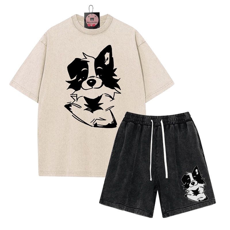 Zweiteiliges Set mit T-Shirt mit flauschiger Welpengrafik und verwaschenen Vintage-Shorts - Apricot&Black - 3XL - image 3