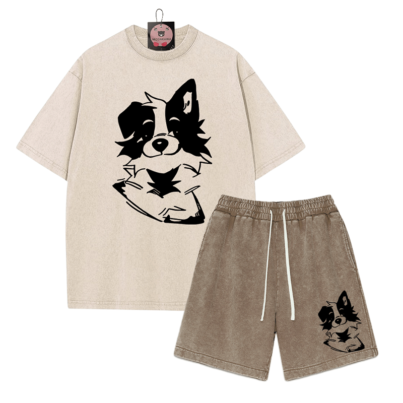 Zweiteiliges Set mit T-Shirt mit flauschiger Welpengrafik und verwaschenen Vintage-Shorts - Apricot&Brown - 3XL - image 2