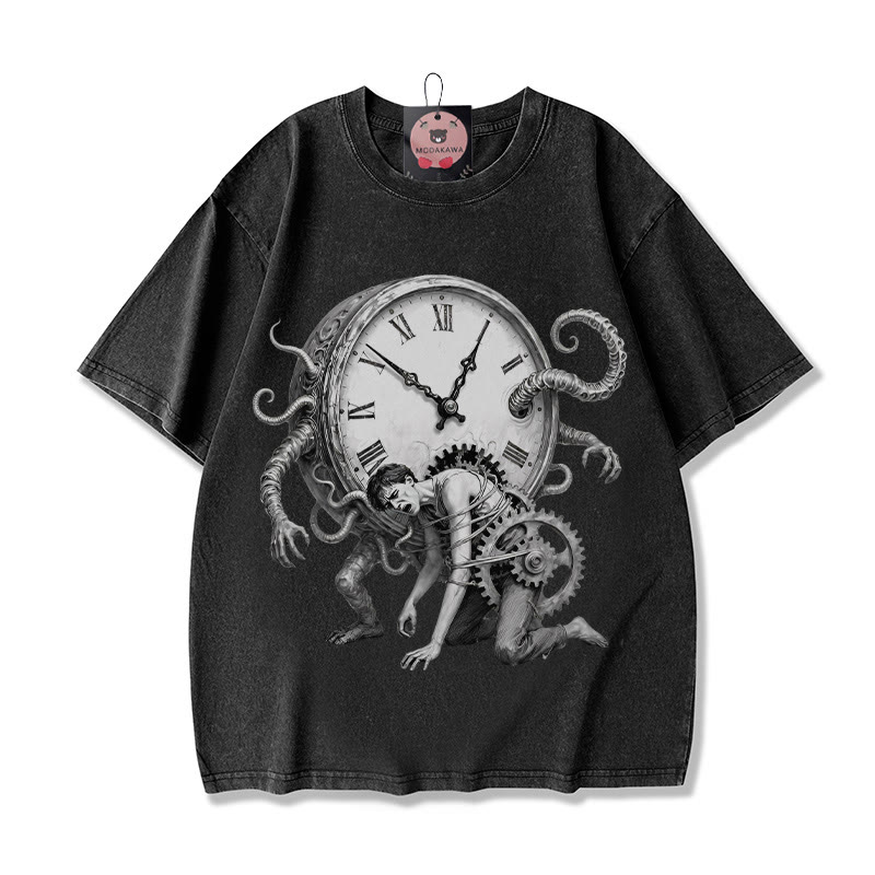 Chains Of Time Grafik Unisex Vintage Washed T-Shirt - Schwarz - 5XL - image 2