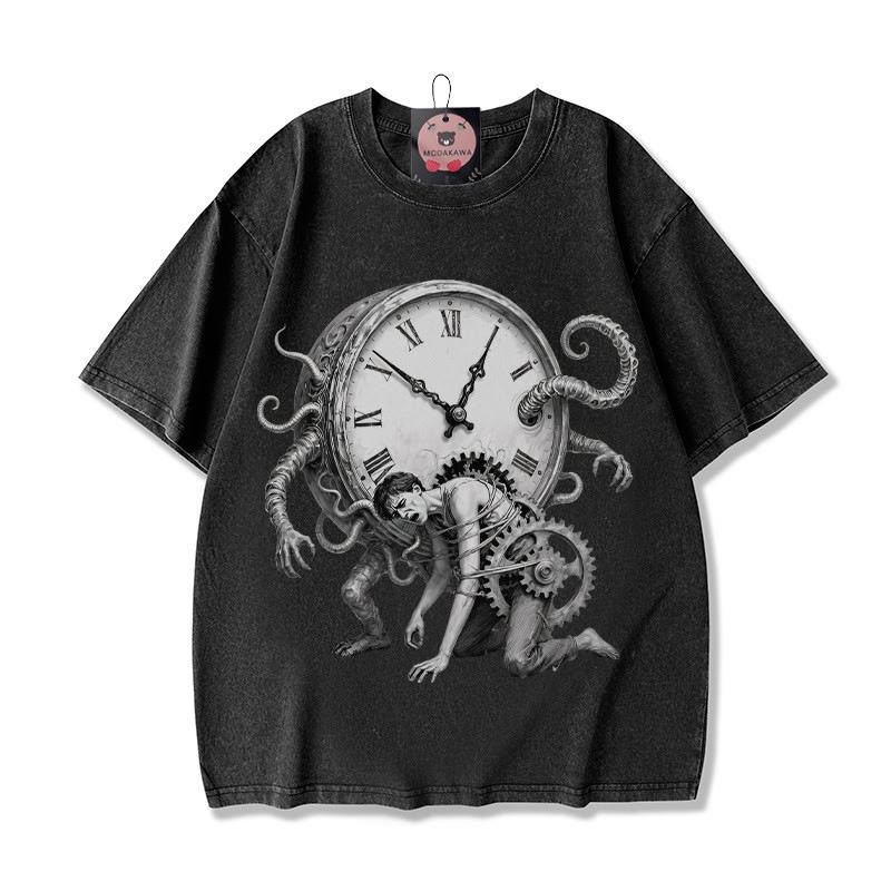 Chains Of Time Grafik Unisex Vintage Washed T-Shirt - Schwarz - 5XL - image 2