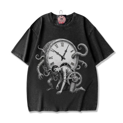 Chains Of Time Grafik Unisex Vintage Washed T-Shirt - Schwarz - 5XL - image 2