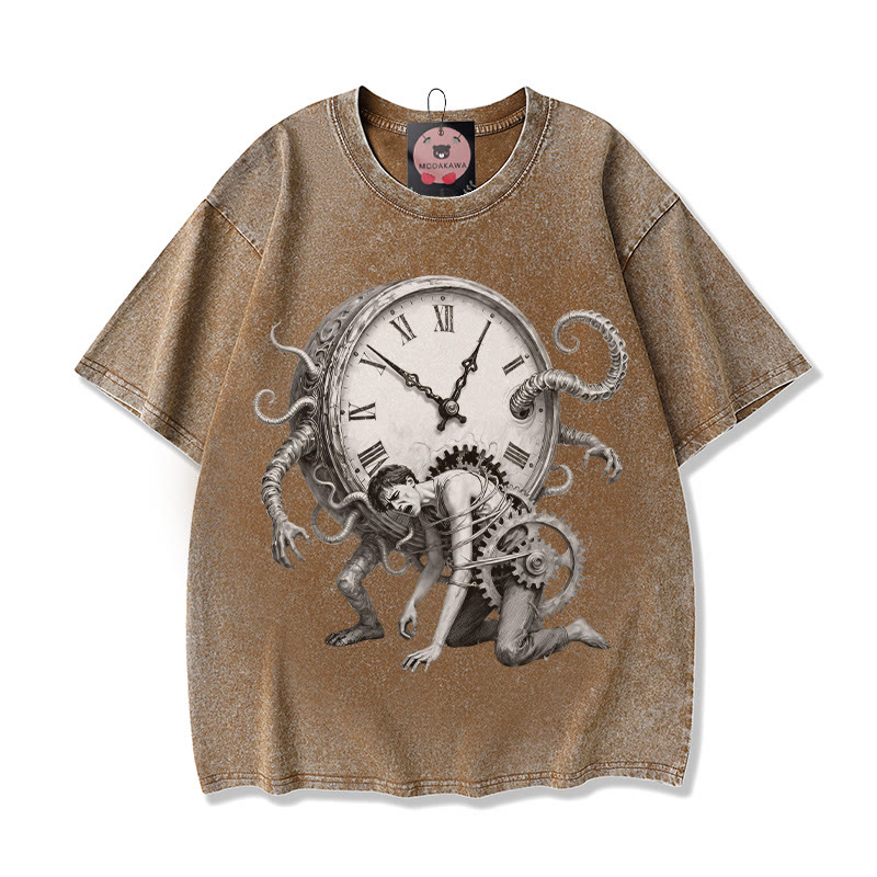 Chains Of Time Grafik Unisex Vintage Washed T-Shirt - Braun - 5XL - image 1