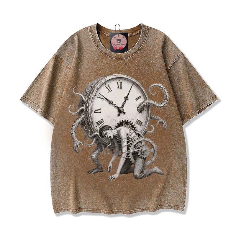 Chains Of Time Grafik Unisex Vintage Washed T-Shirt - Braun - 5XL - image 1