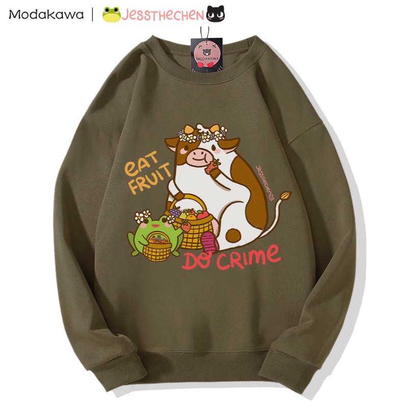 Sweatshirt mit Rundhalsausschnitt und Grafik einer fruchtfressenden Kuh - Dark Khaki - 5XL - image 1