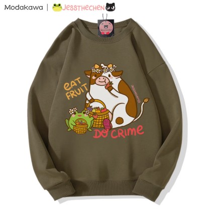 Sweatshirt mit Rundhalsausschnitt und Grafik einer fruchtfressenden Kuh - Dark Khaki - 5XL - image 1