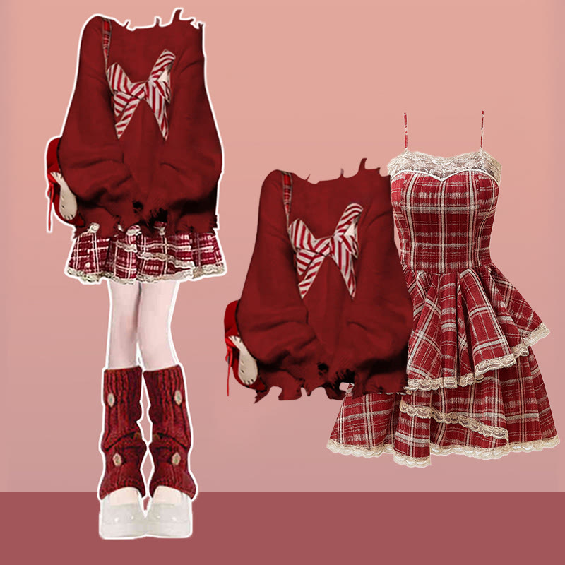 Schleifen-Pullover mit Rissen, kariertes Unterkleid, passendes Outfit - Set B - 3XL - image 2