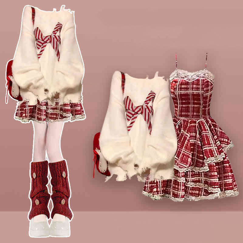 Schleifen-Pullover mit Rissen, kariertes Unterkleid, passendes Outfit - Set A - 3XL - image 1