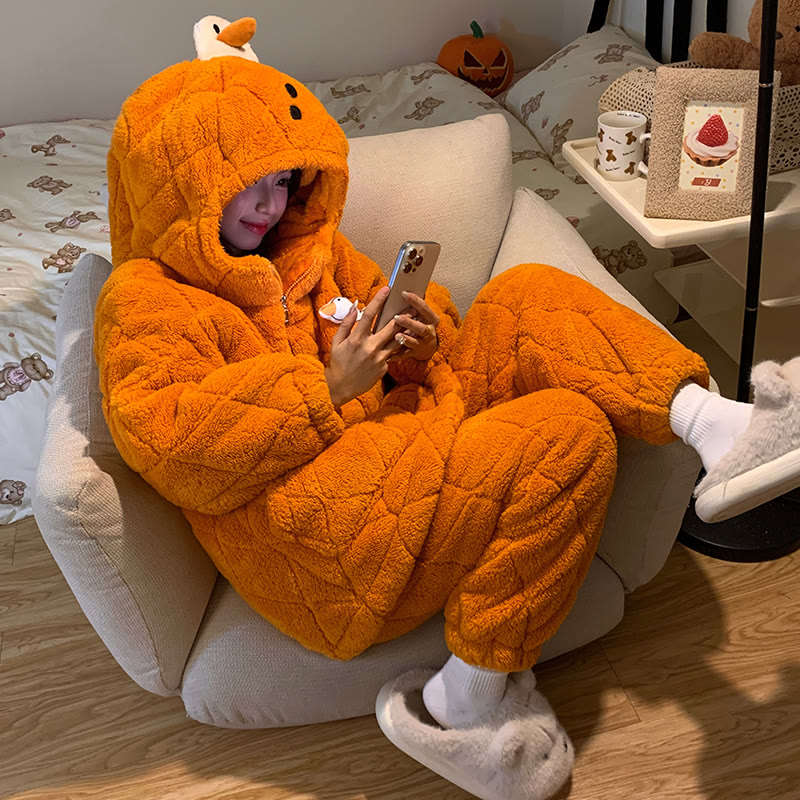 Halloween-Pyjama-Set mit Kapuze und Kürbisente aus Plüsch - Orange - 2XL - image 1