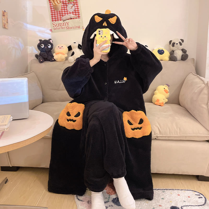 Halloween-Pyjama-Set mit Kapuze und Kürbis-Plüsch - image 3