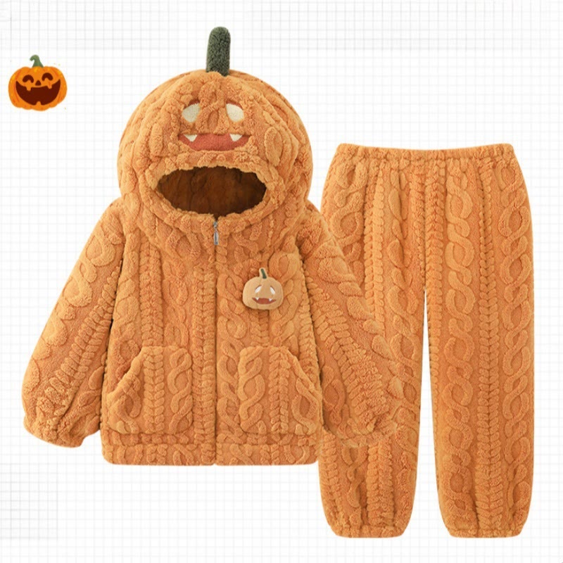 Halloween-Pyjama-Set mit Kapuze und Kürbisprägung aus Plüsch - Orange - 2XL - image 1