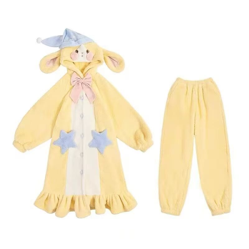 Bunny Star Plüsch-Schlafanzug mit Kapuze - Yellow - Robe+Pants - 4XL - image 3
