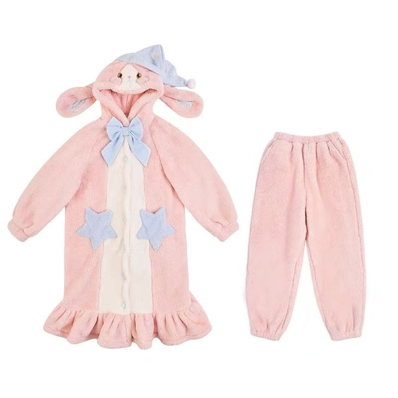 Bunny Star Plüsch-Schlafanzug mit Kapuze - Pink - Robe+Pants - 4XL - image 2