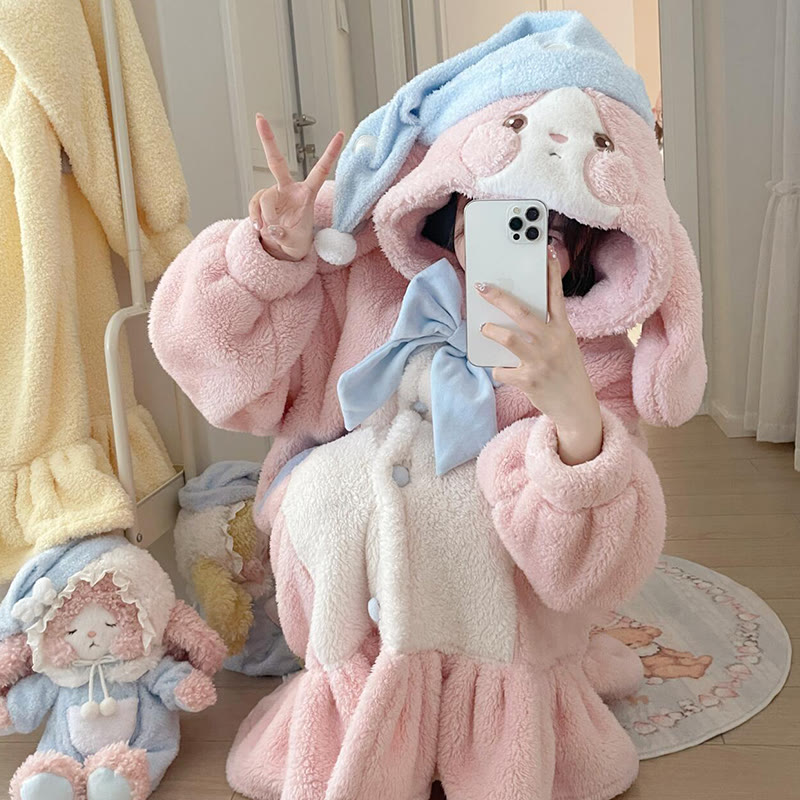 Bunny Star Plüsch-Schlafanzug mit Kapuze - Pink - Robe - 4XL - image 1