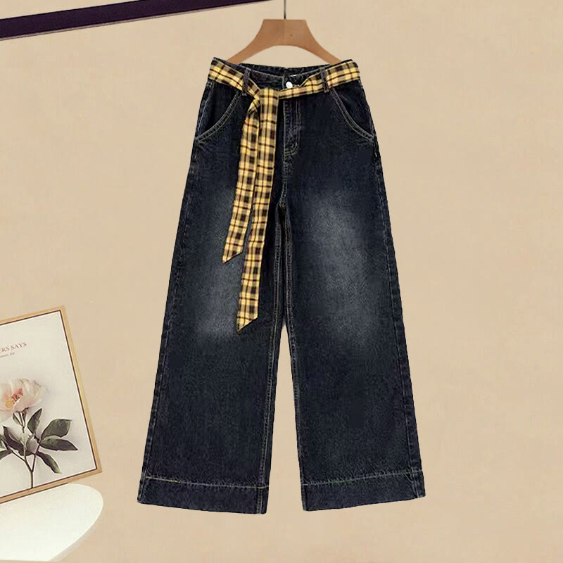 Schulterfreier Pullover, karierter Gürtel, Jeans – passendes Outfit - Pants - XL - image 3