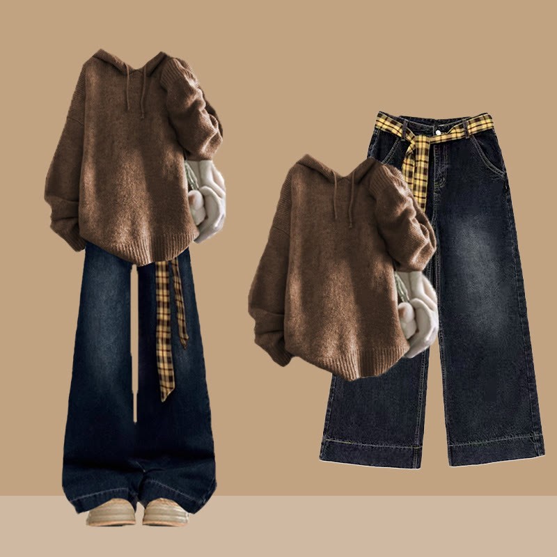 Strickpullover, Karogürtel, Jeans – passendes Outfit - Set - XL - image 1