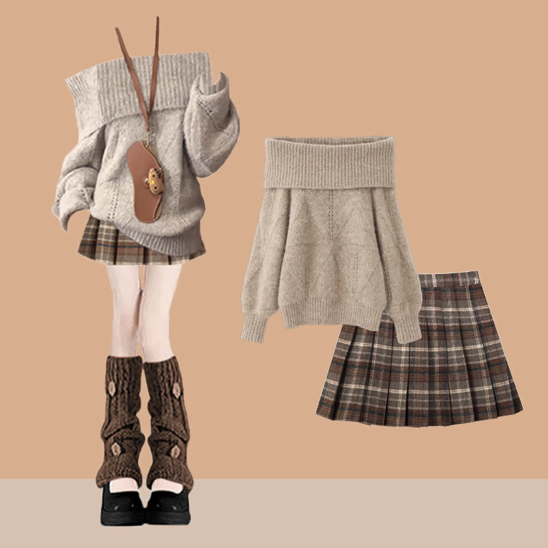 Schulterfreier Pullover, karierter Rock, passendes Outfit - Set - L - image 1