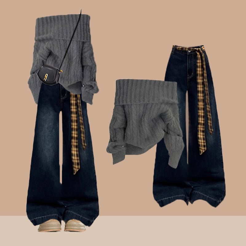 Schulterfreier Pullover, karierter Gürtel, Jeans – passendes Outfit - Set - XL - image 1