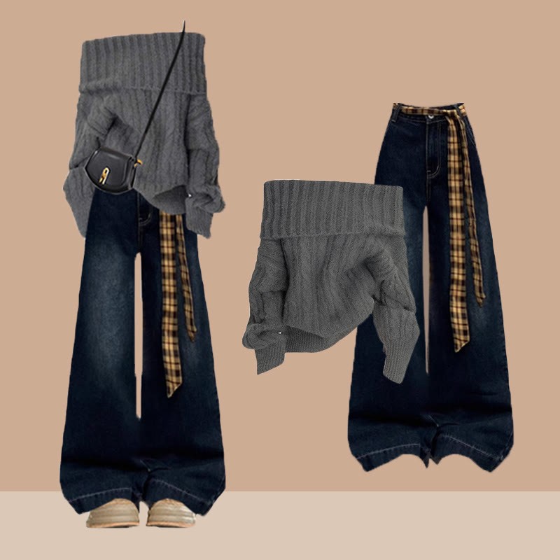 Schulterfreier Pullover, karierter Gürtel, Jeans – passendes Outfit - Set - XL - image 1