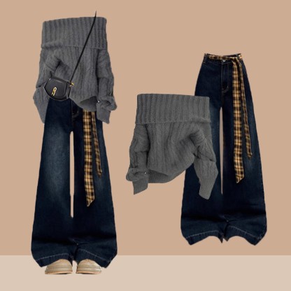 Schulterfreier Pullover, karierter Gürtel, Jeans – passendes Outfit - Set - XL - image 1