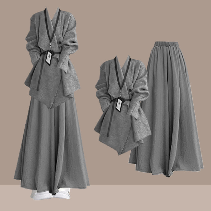 Wickelmantel mit V-Ausschnitt, weite Hose, passender Rock - Set - XL - image 1