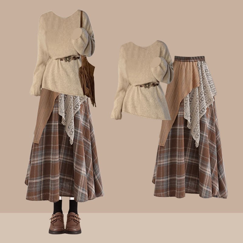 Strickgürtel-Top, karierter Spitzenrock, passendes Outfit - Set - XL - image 1