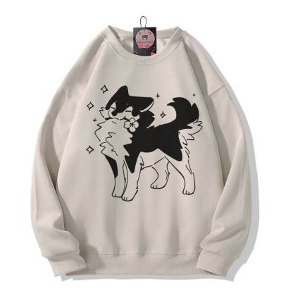 Sweatshirt mit verspieltem Welpenmotiv und Blumengrafik, Rundhalsausschnitt - Light Beige - 5XL - image 1