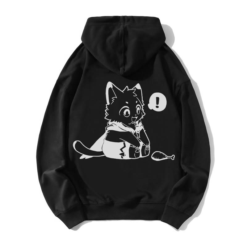 Lockerer Hoodie mit fröhlicher Kätzchen-Grafik, die einen Trommelstock betrachtet - Black - 5XL - image 5