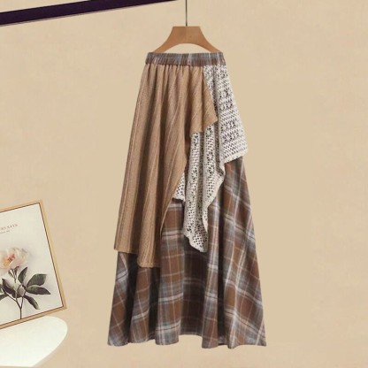 Strickgürtel-Top, karierter Spitzenrock, passendes Outfit - Skirt - XL - image 3