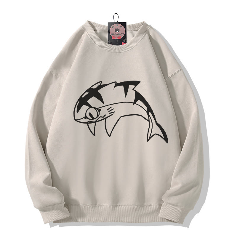 Sweatshirt mit Rundhalsausschnitt und Grafik eines springenden Hais - Light Beige - 5XL - image 2