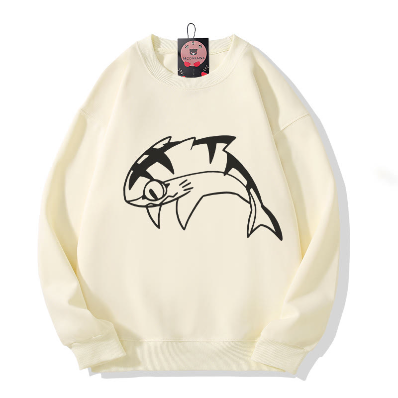 Sweatshirt mit Rundhalsausschnitt und Grafik eines springenden Hais - Beige - 5XL - image 1