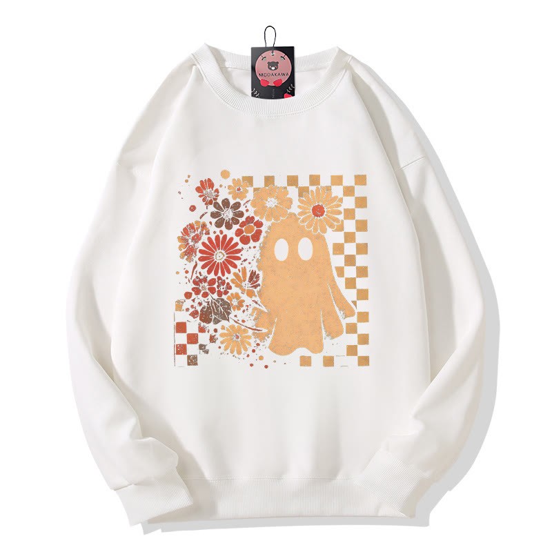Halloween-Sweatshirt mit Geister- und Blumen-Schachbrettmuster und Rundhalsausschnitt - White - 5XL - image 2