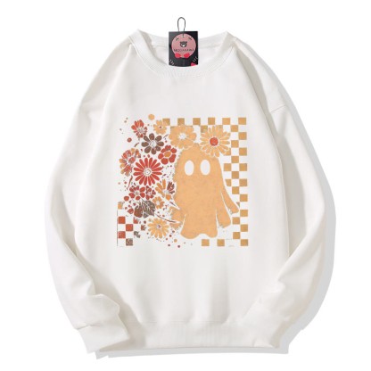 Halloween-Sweatshirt mit Geister- und Blumen-Schachbrettmuster und Rundhalsausschnitt - White - 5XL - image 2