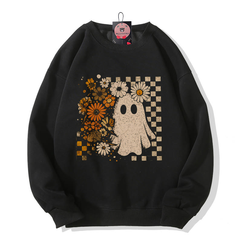 Halloween-Sweatshirt mit Geister- und Blumen-Schachbrettmuster und Rundhalsausschnitt - Black - 5XL - image 1