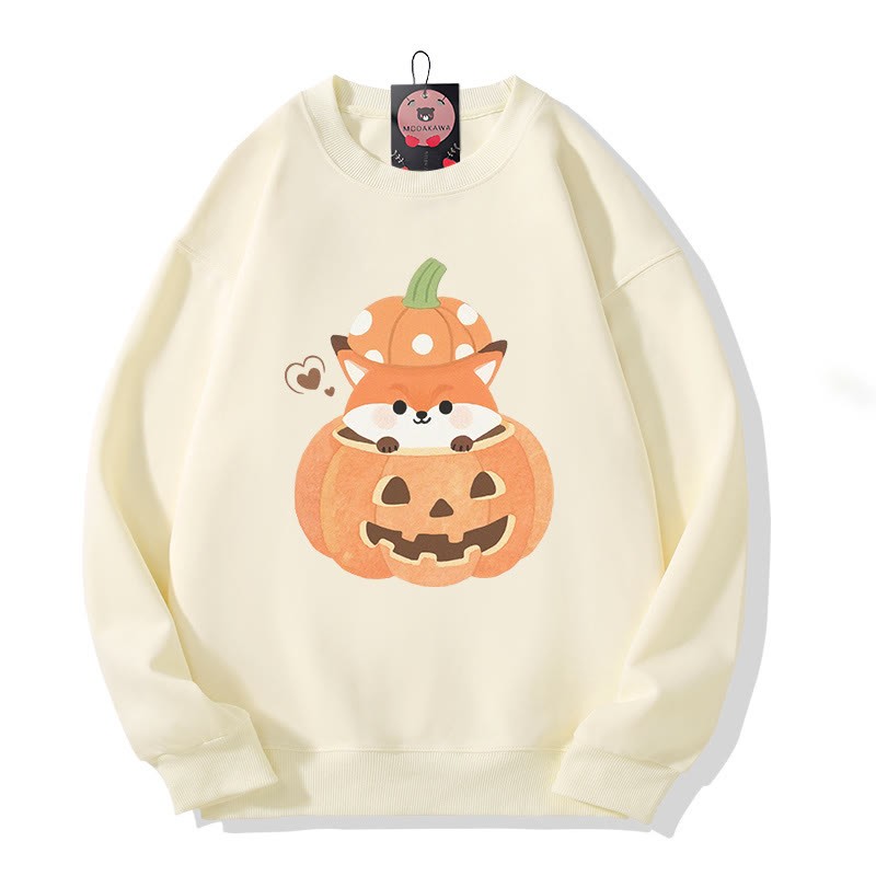 Fuchs sitzt in Kürbis Halloween-Grafik Rundhals-Sweatshirt - Beige - 5XL - image 1