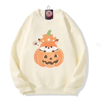 Fuchs sitzt in Kürbis Halloween-Grafik Rundhals-Sweatshirt - Beige - 5XL - image 1