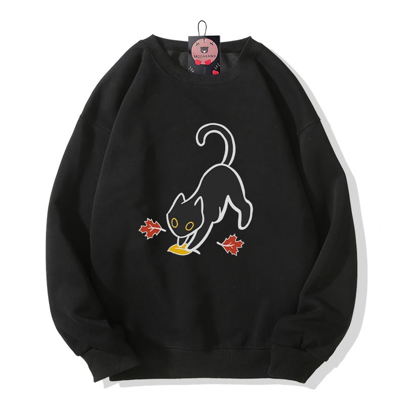 Schwarze Katze springt auf Blatt – Halloween-Grafik-Sweatshirt mit Rundhalsausschnitt - Black - 5XL - image 2